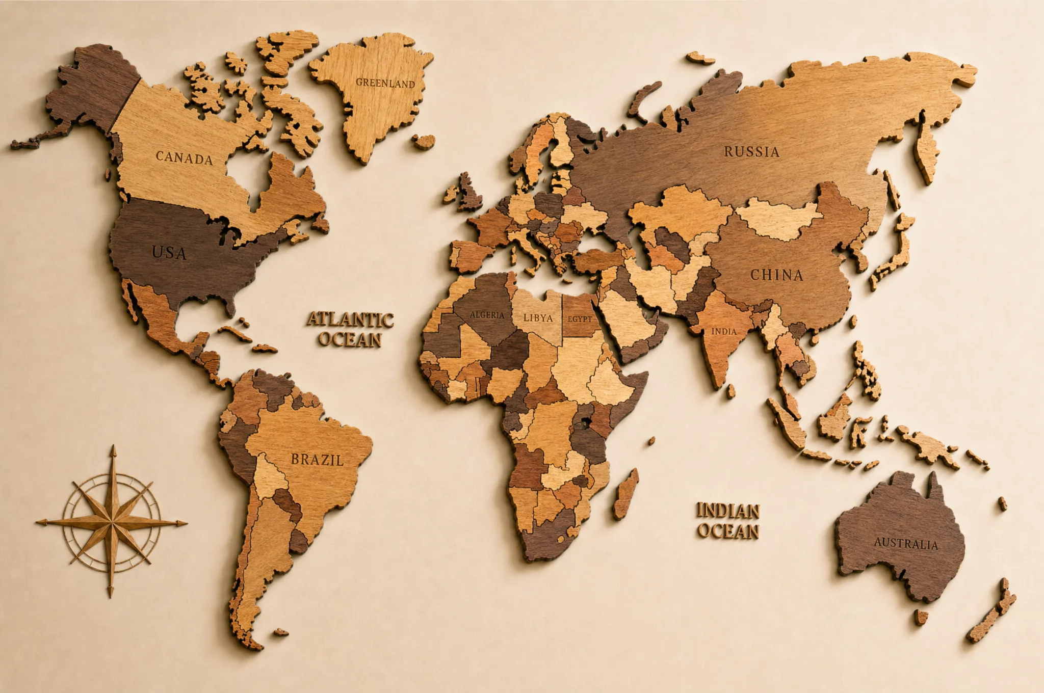 Multicolor finish: each country a different wood tone