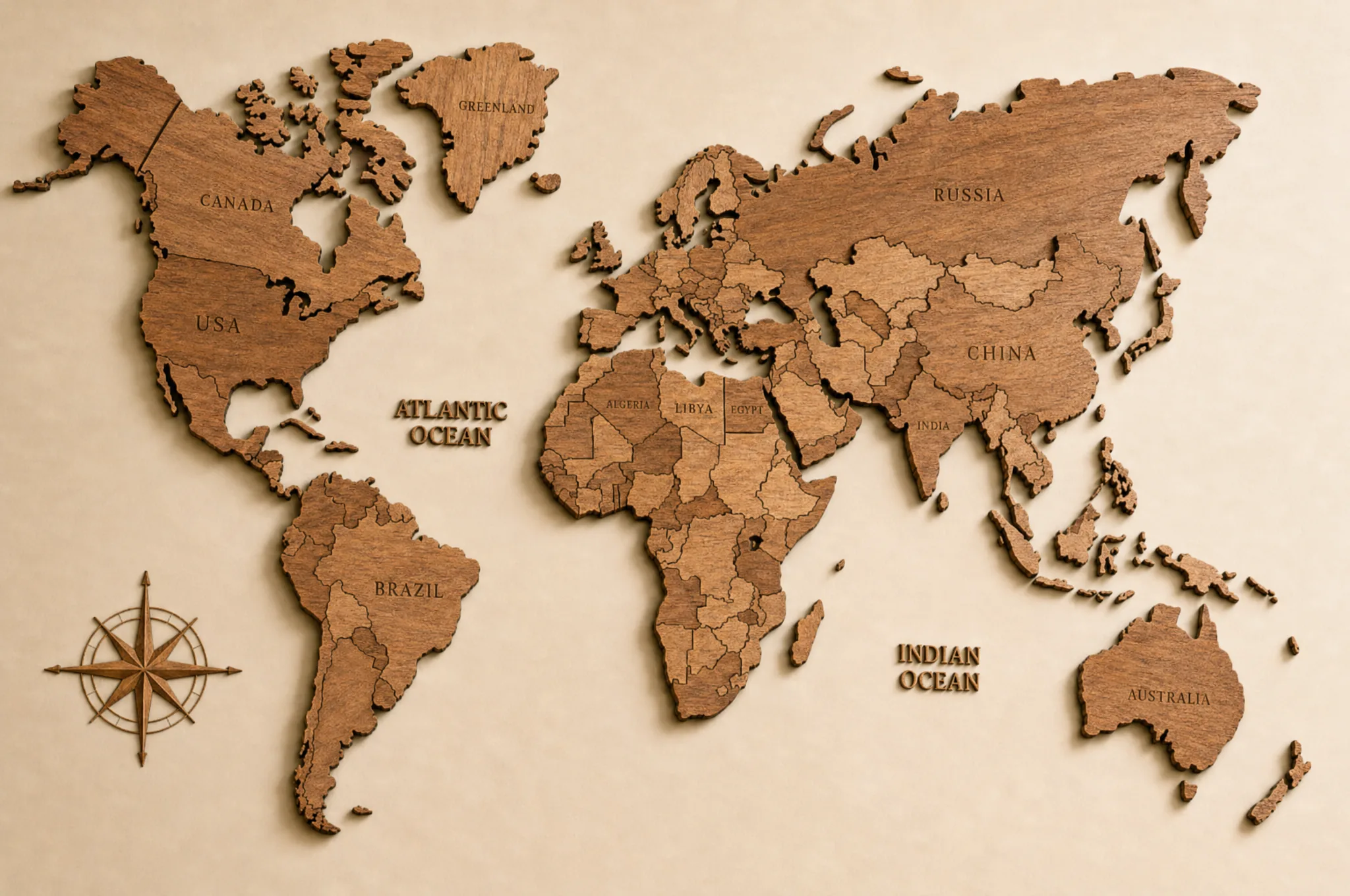 Vintage brown wooden world map